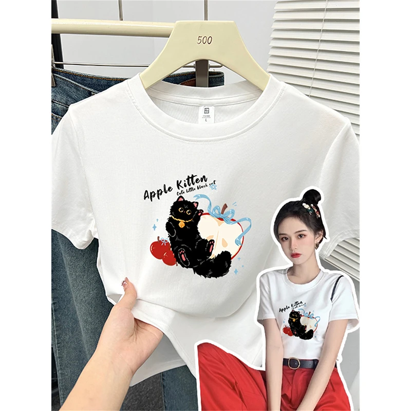 趣味猫咪正肩短袖t恤女生夏装学生修身设计感高弹力显瘦外穿上衣