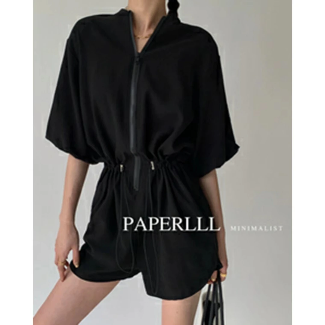 P0511K1434 立体半拉链泡泡袖连体裤女工装收腰阔腿短裤