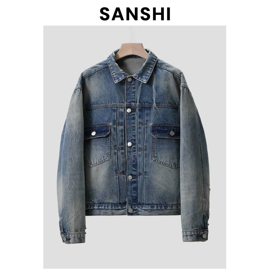 SANSHI【复古牛仔外套】秋款美式复古休闲风短款翻领牛仔上衣厚款
