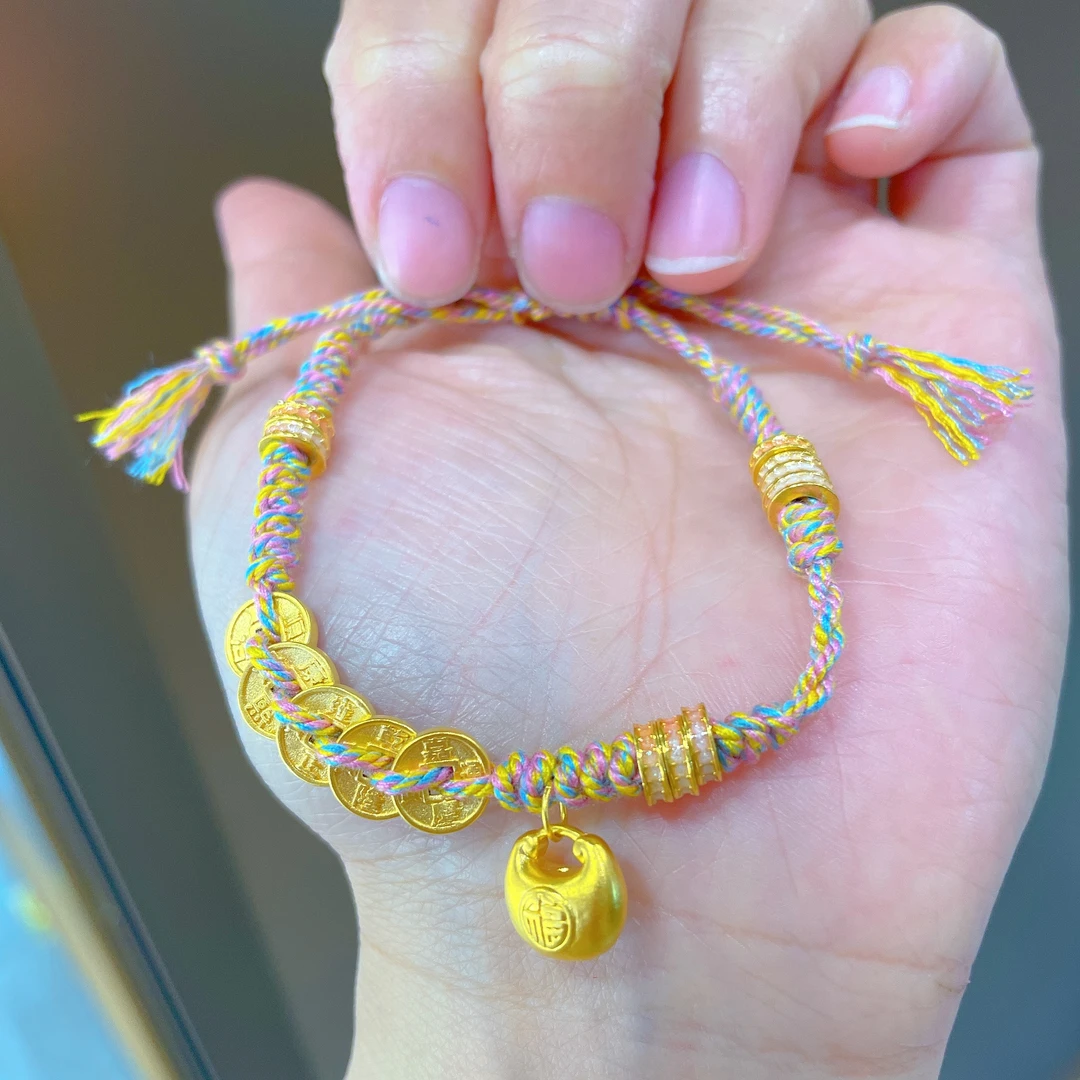 5D硬金足金999古法工艺五帝币黄金盘缠可调节 2.11克