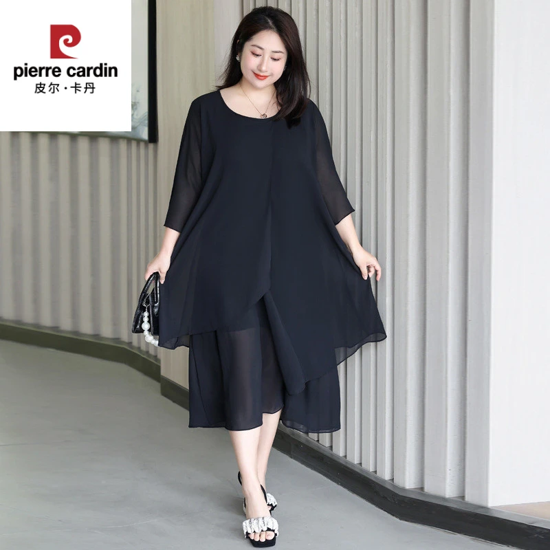 皮尔卡丹装雪纺连衣裙2025春装新款显瘦遮腹胖洋气减龄五分袖长裙