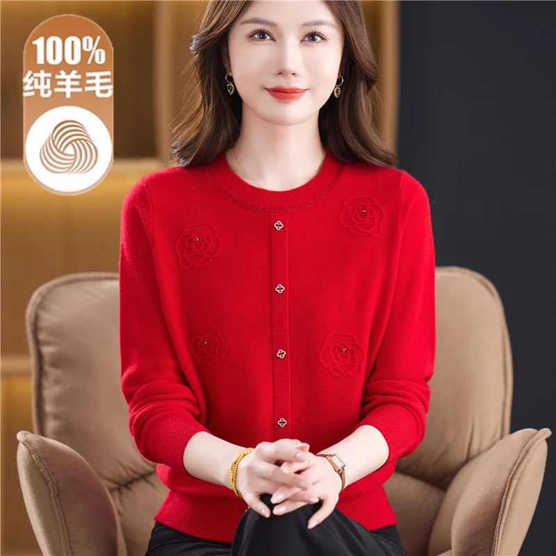 中老年女装100%纯羊毛衫圆领毛衣秋冬新款针织打底衫妈妈装上衣