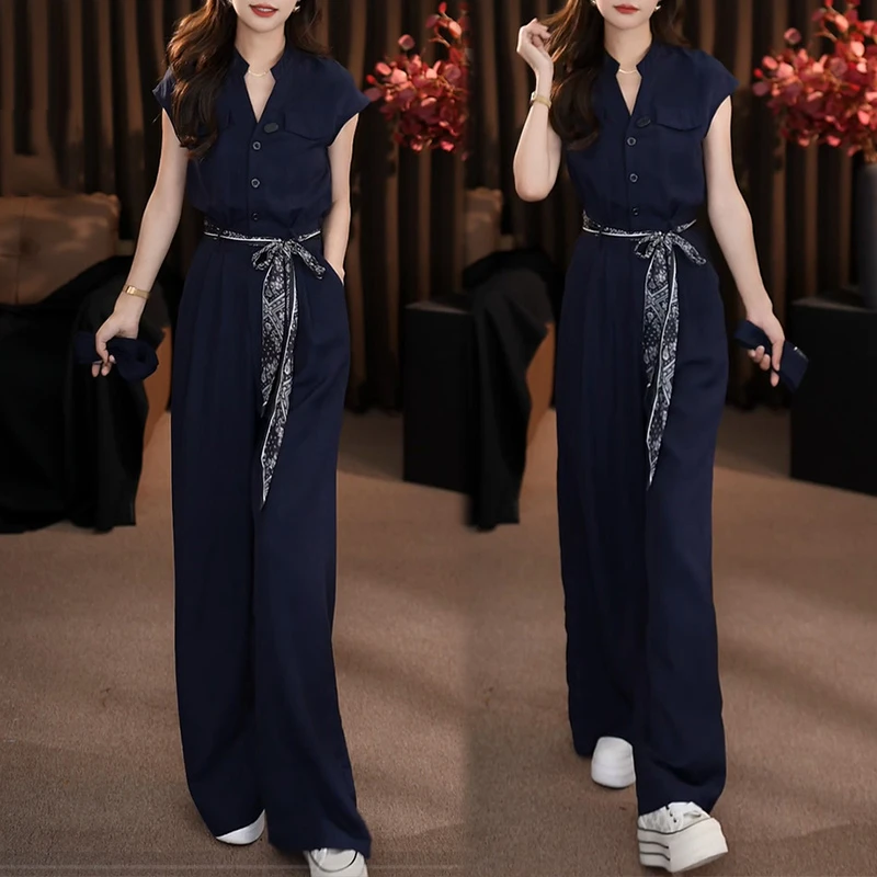 韩系洋气连体裤套装女2026夏季新款收腰显瘦短袖上衣阔腿裤两件套