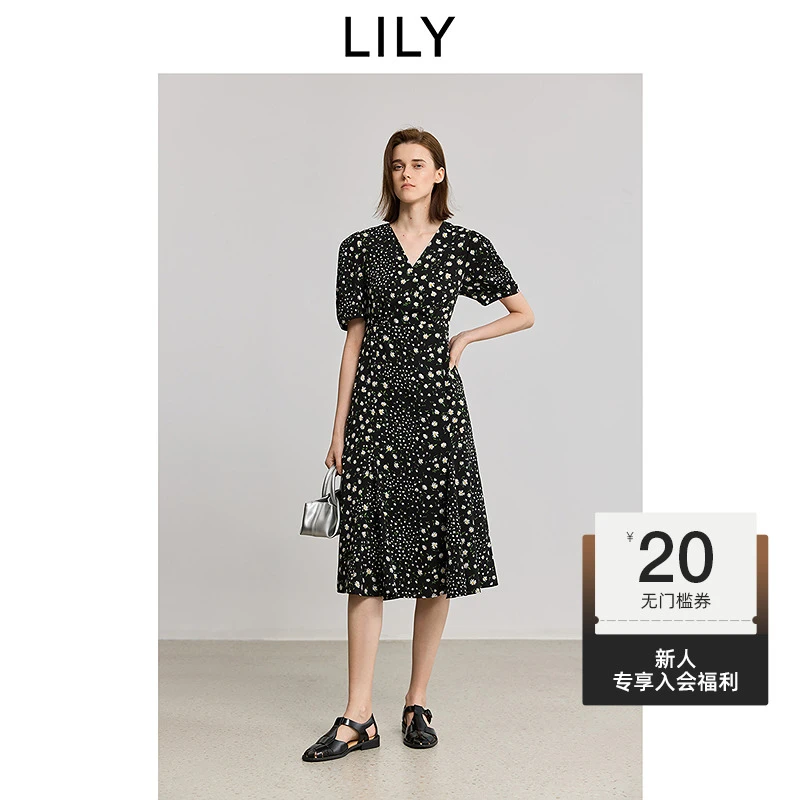 【一秒入夏】LILY2025夏新款复古V领小黑裙法式连衣裙女125219C7968