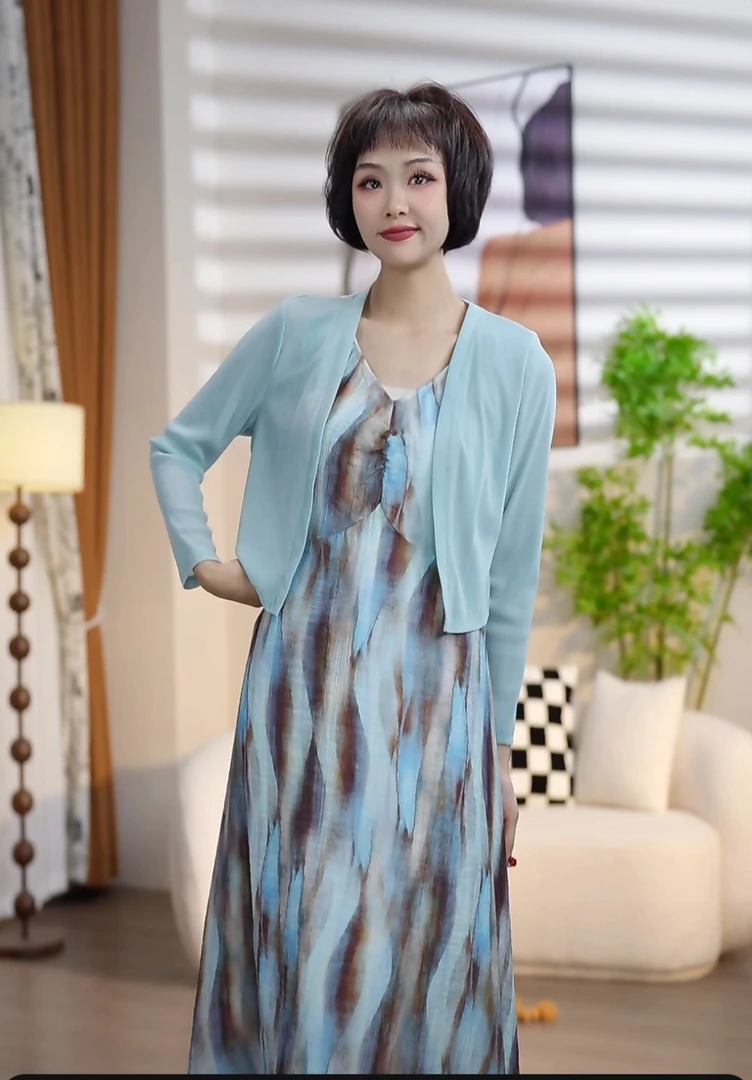 T106夏季时尚本心印花扎染长裙针织外披两件套套裙DM7