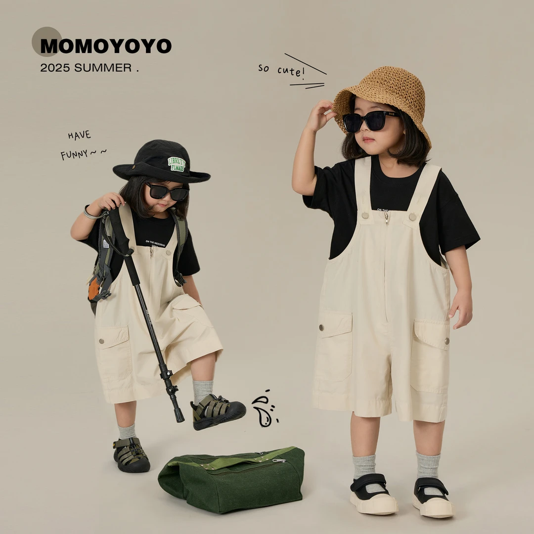 辰辰妈【奶糖】夏季儿童时尚百搭莱赛尔宽松侧口袋休闲背带裤 8124X