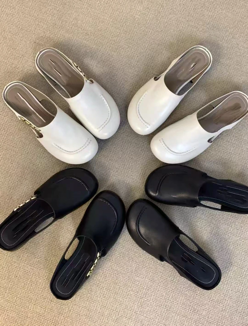 加宽加肥圆头低粗跟牛皮软底舒适包头拖时尚简约5120