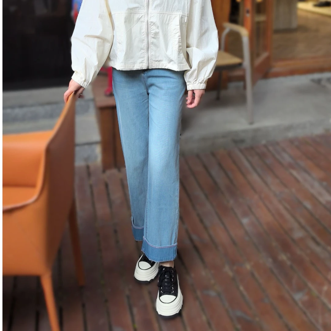 新款透气时尚洋气九分直筒蓝色牛仔弹力女裤