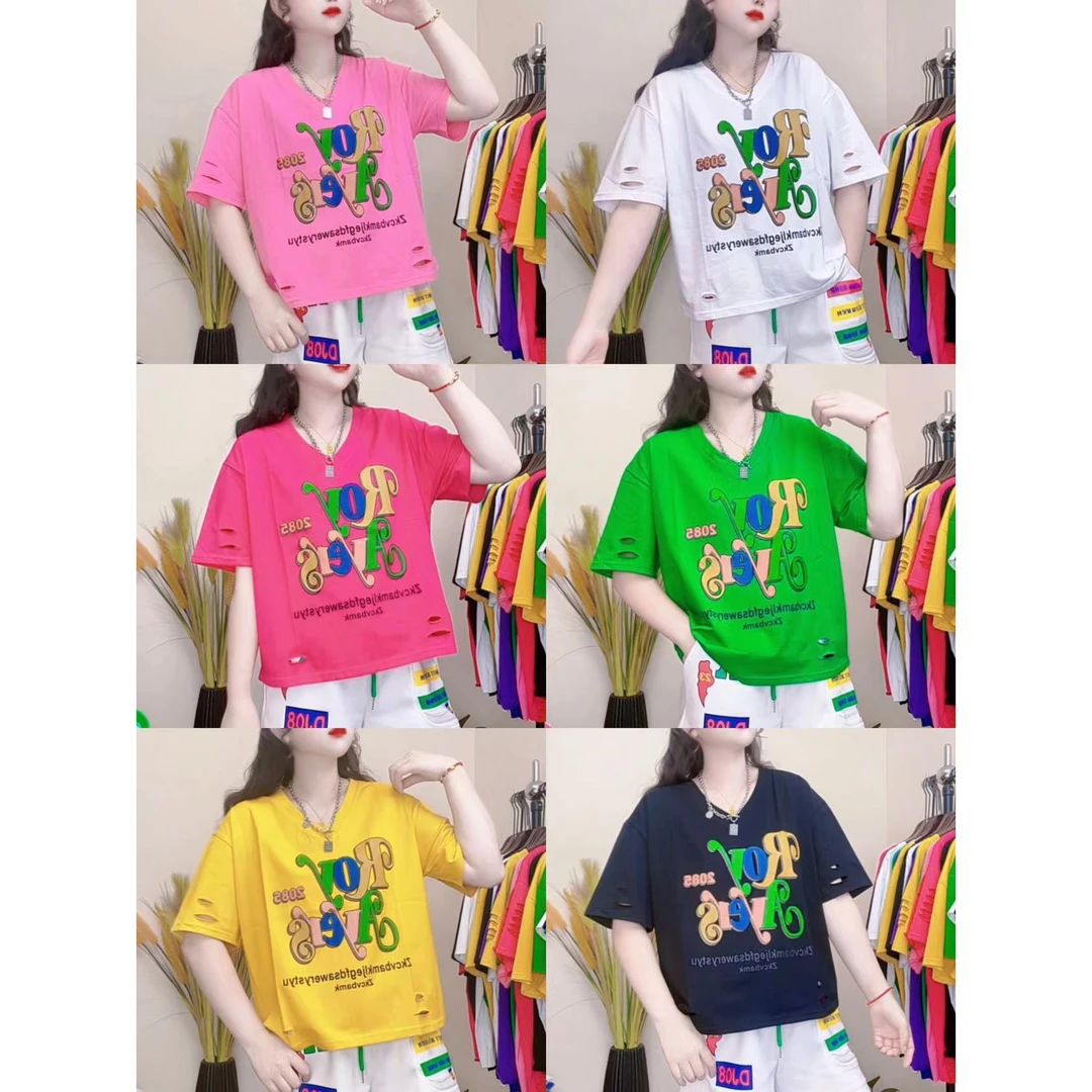 【大椒家】夏季新百搭休闲时尚宽松V领前后字母印花潮流女T恤8152