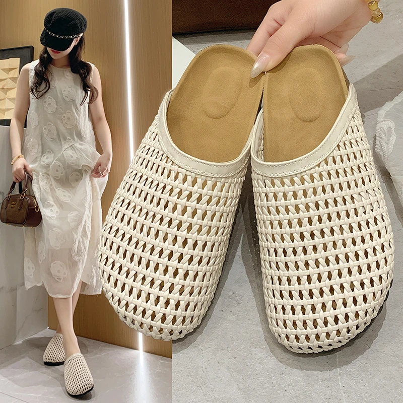 时尚外穿法式镂空透气编织包头拖鞋女2025夏季新款平底配裙子凉拖