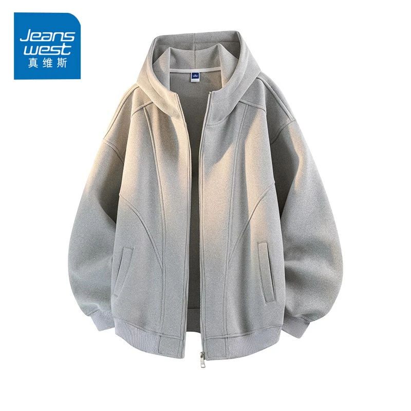 真维斯美式重磅连帽外套男士2025春秋季港风潮流纯色休闲宽松卫衣