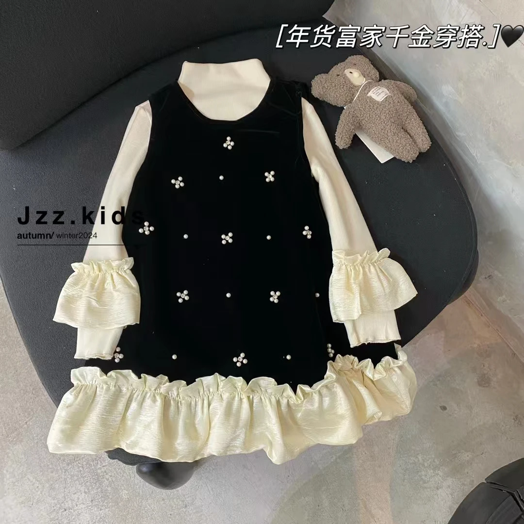 【年货！春款】韩版女童装儿童中大童春季公主中领打底衫丝绒背心裙