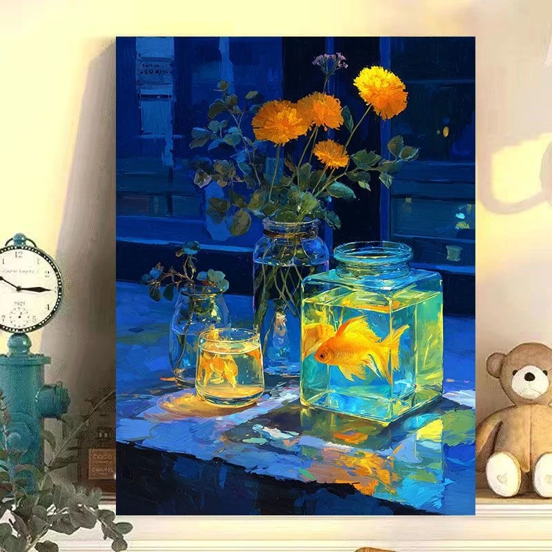 diy数字油画花瓶与金鱼系列手工填充填色油画解压治愈系装饰挂画