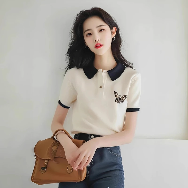 白色蝴蝶polo领短袖T恤女2025新款春季小众不撞款独特绝美上衣夏