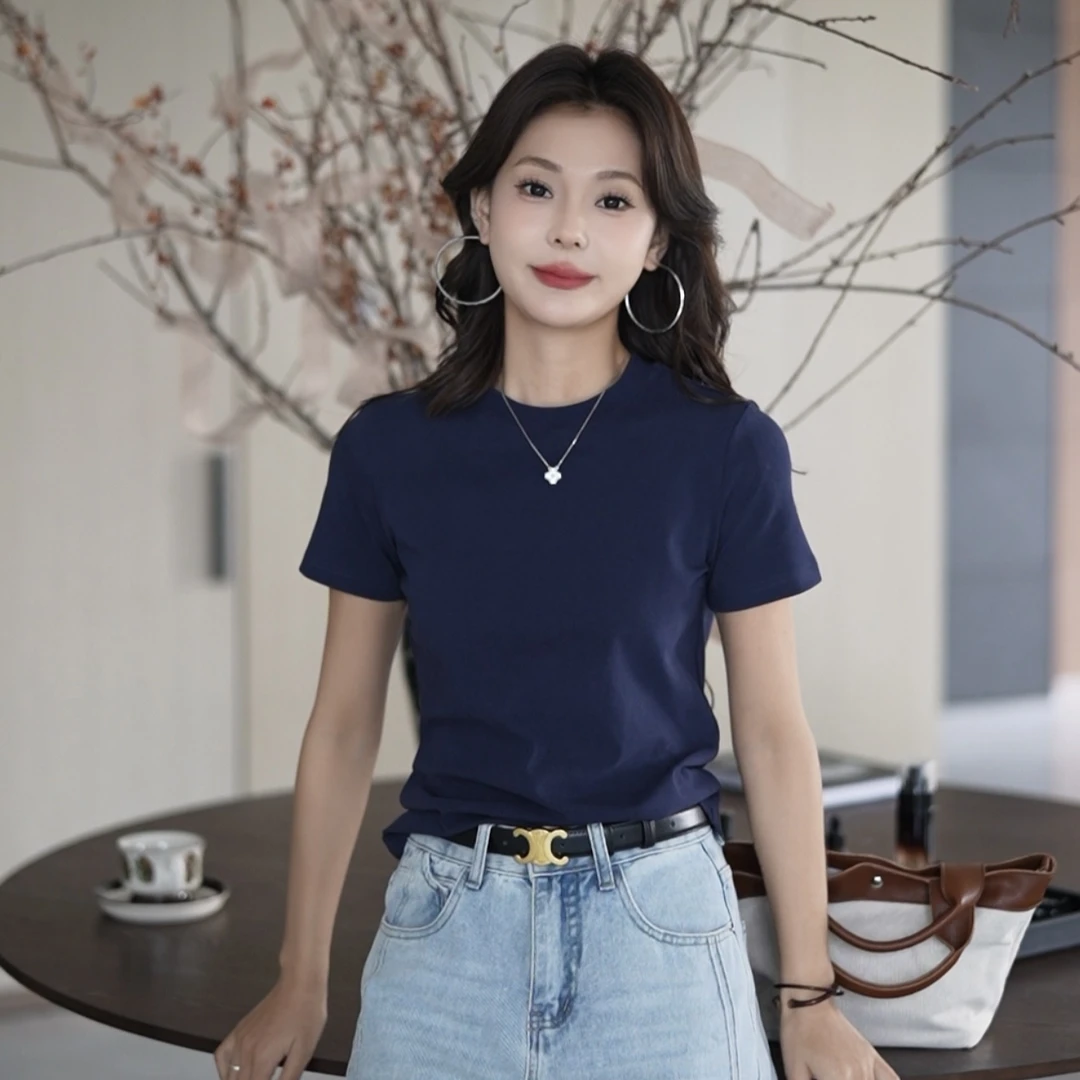 2025早春款夏款圆领设计感时尚百搭短袖显瘦上衣款女