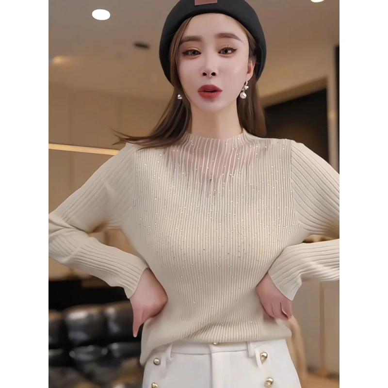 烫钻线条高级感内搭打底针织衫秋冬洋气时尚显瘦百搭长袖上衣0109