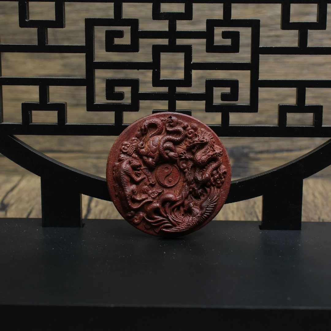 正宗传承道用品雷击枣木四大神兽浮雕平安扣道家法器吊坠手把件