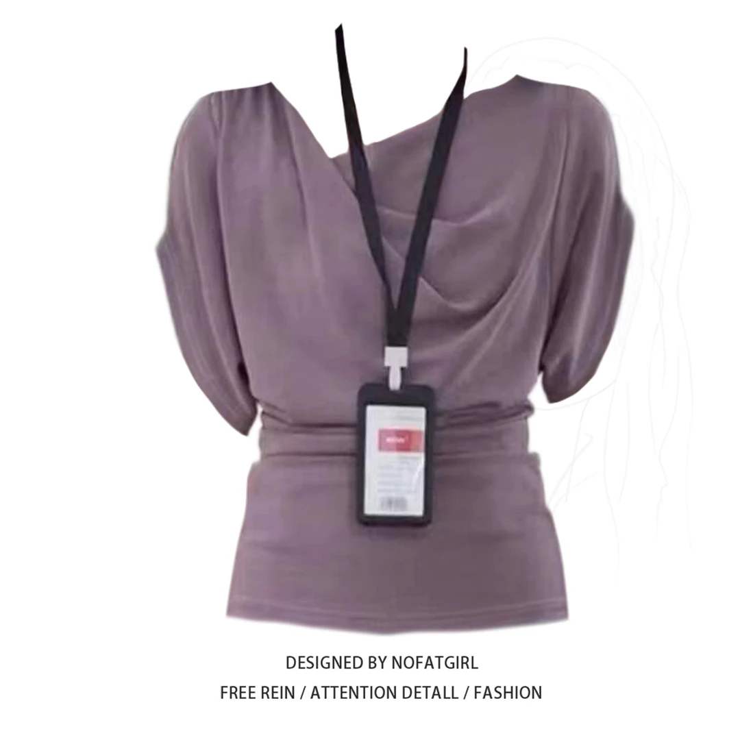 大码胖妹妹纯欲风荡领紫色堆叠蝙蝠短袖T恤女设计感小众别致上衣