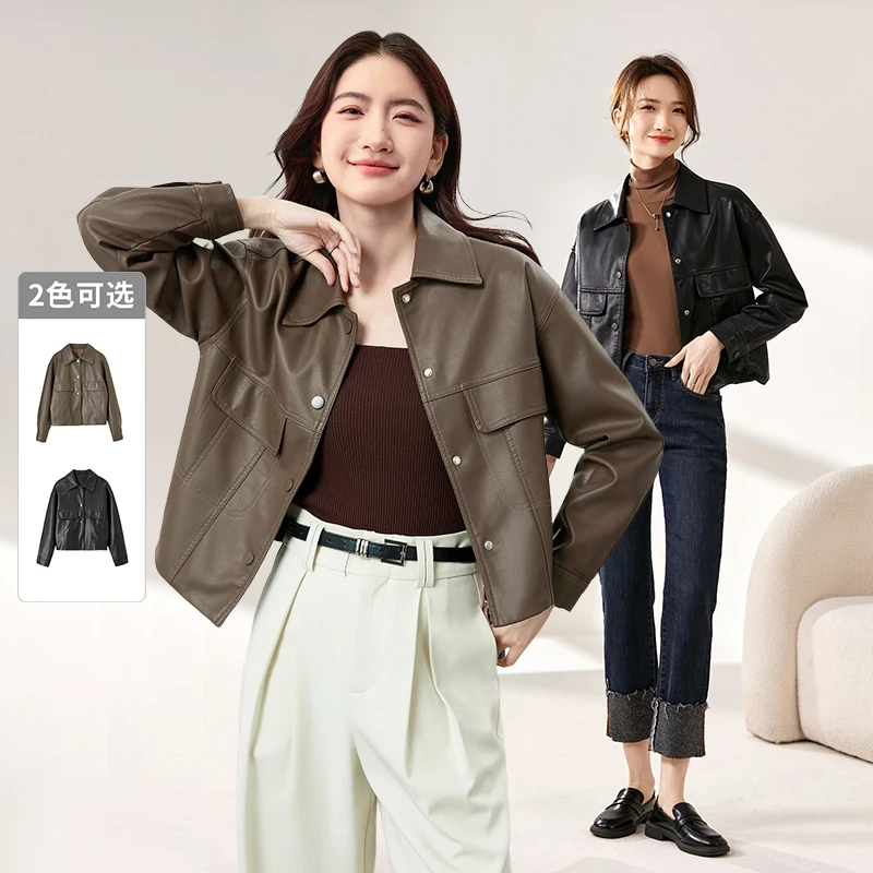 尚都比拉秋冬服饰秋冬外套时尚复古翻领夹克韩版皮衣外套45223