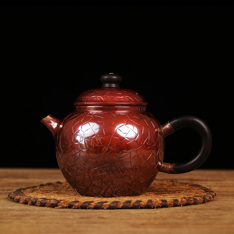 【冰魄流光】紫铜茶壶冰裂纹烤色做旧茶具250cc