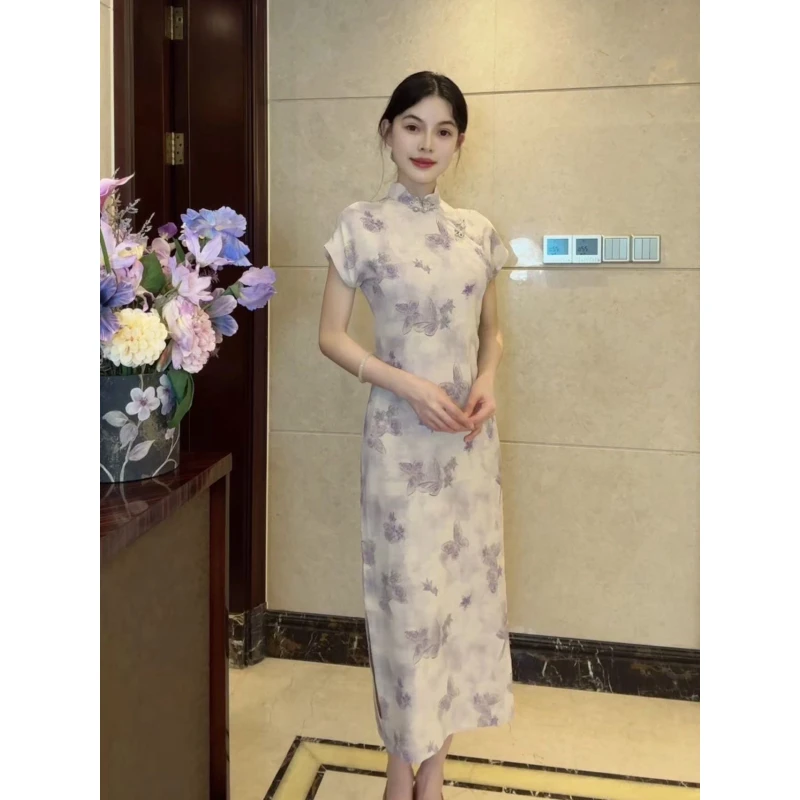 球球夫人丨蝶恋花 ）125cm浅紫开襟古法曳地单层显白手工修身旗袍