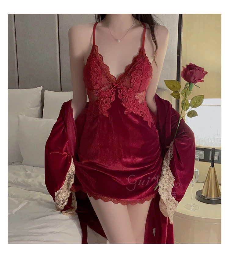 【月影丝绒款】丝绒法式睡衣深加胸垫纯欲性感风睡裙外袍大码套装女