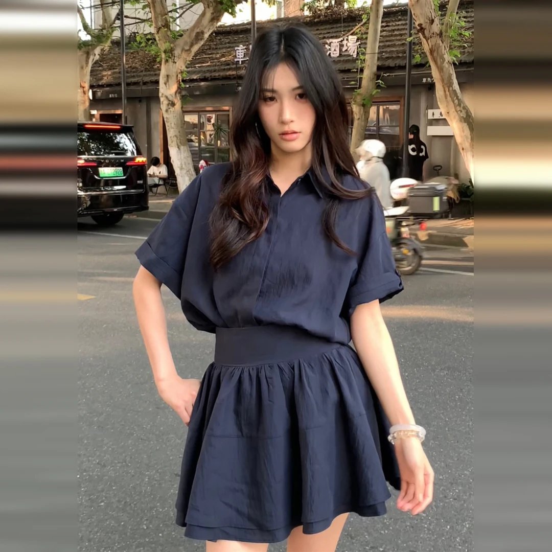 小个子时尚休闲套装裙女夏季新款宽松polo领衬衫上衣半身裙4187