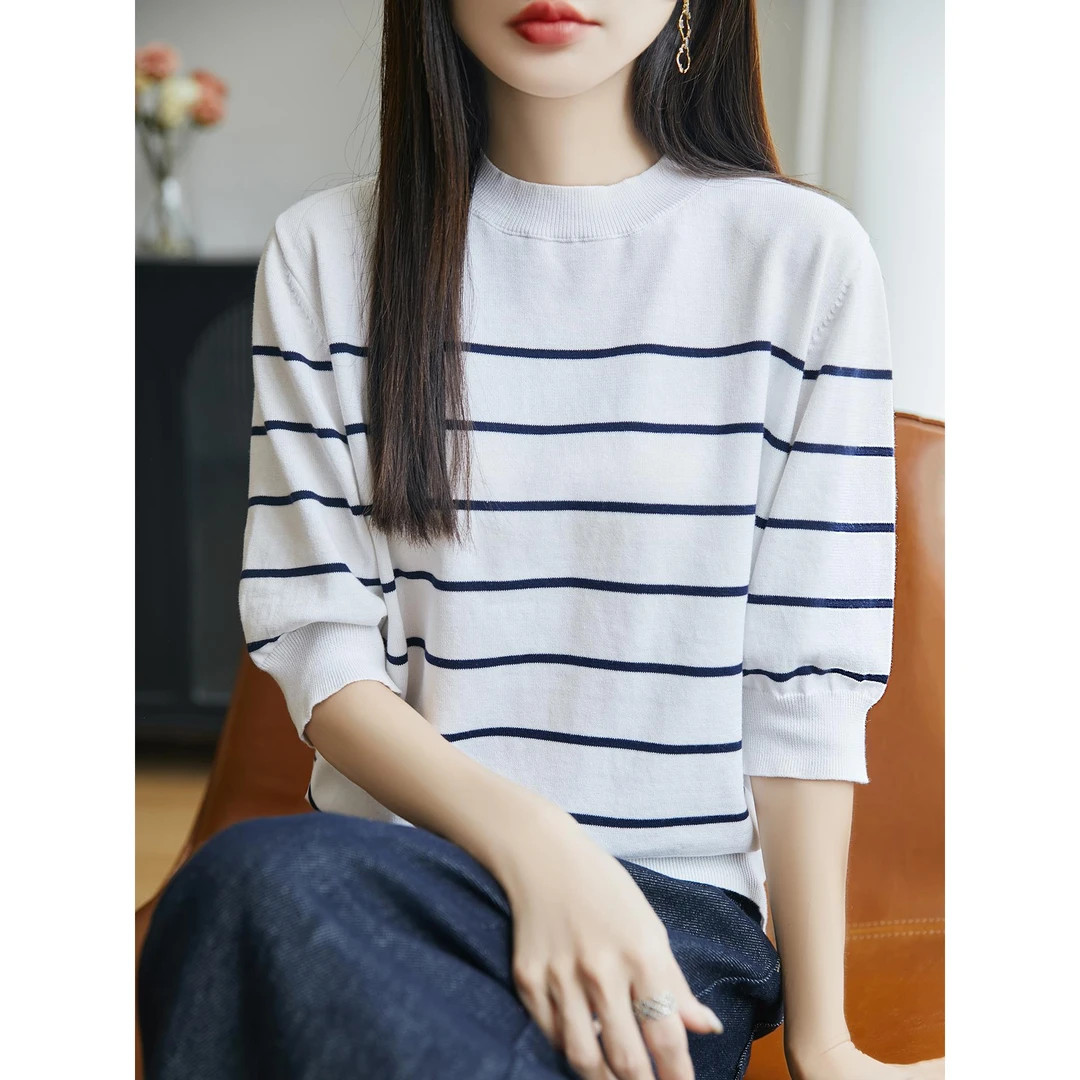 圆领条纹撞色五分袖针织衫女秋冬纯棉正肩短袖T恤打底衫中袖内搭