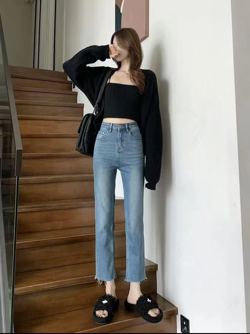 119[裤长83】小个子直筒牛仔裤春夏新款弹力烟管高腰显瘦八分裤