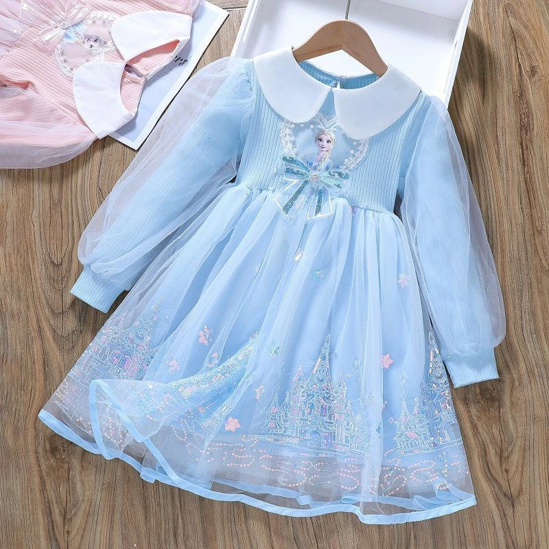 女童艾莎公主连衣裙2024春装新款长袖裙子儿童中小童公主裙表演