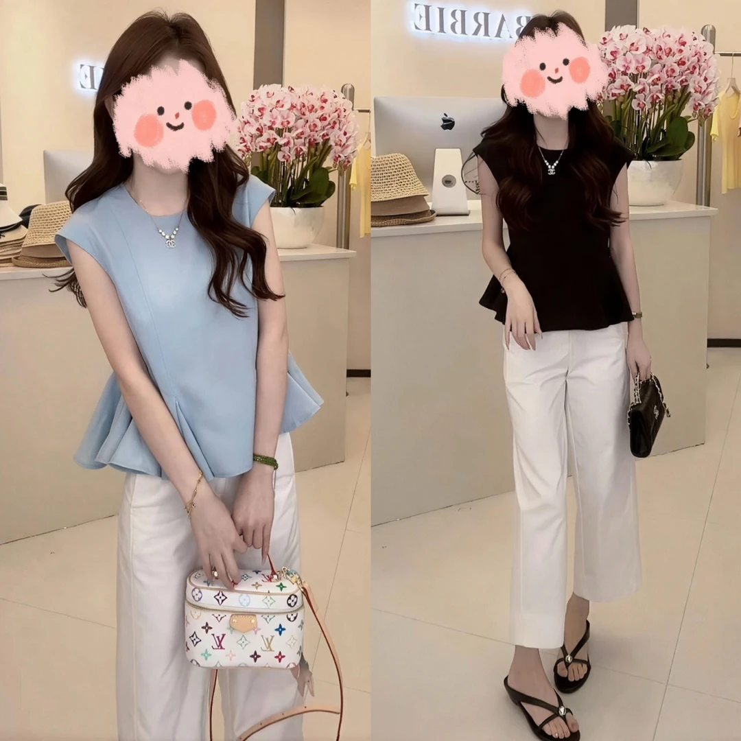 2025夏季简约小众荷叶边无袖上衣显瘦百搭休闲九分裤气质套装女