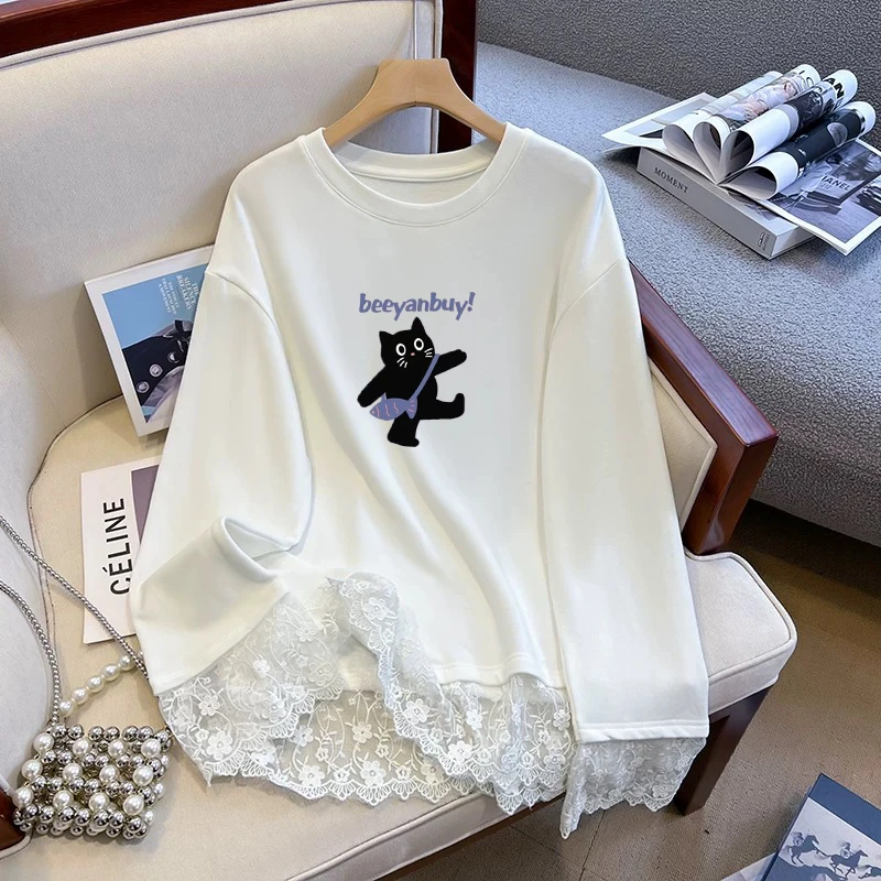 白色蕾丝拼接百搭修身显瘦长袖T恤女卡通印花中长款打底衫上衣