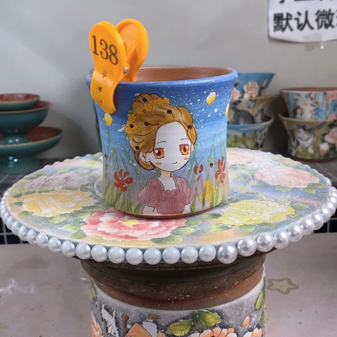 紫砂花盆?**?红陶手绘花盆