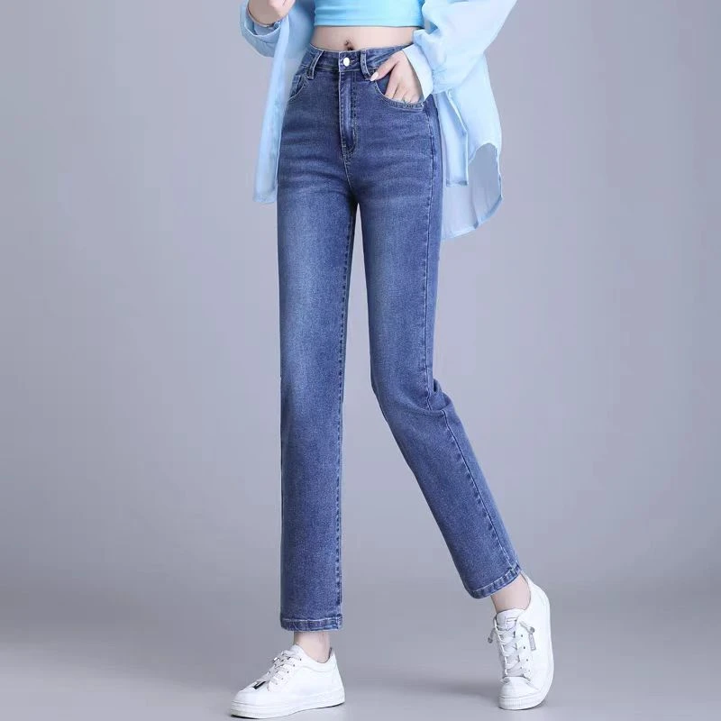 直筒新款九分牛仔裤女宽松高腰弹力春秋休闲大码小个子烟管裤百搭