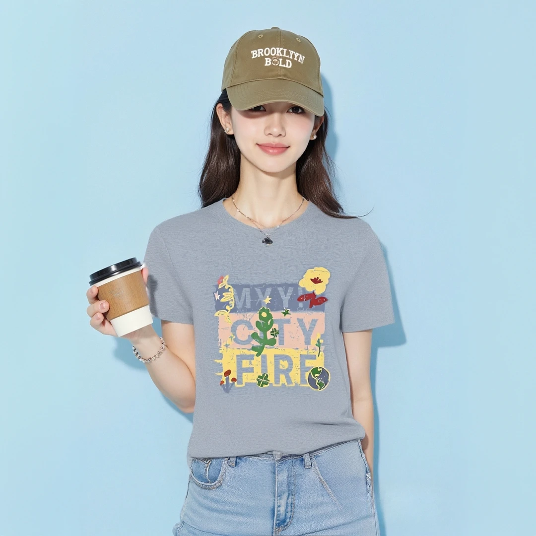 【现货发】彩绘城市 正肩短袖T恤女夏季新款百搭休闲通勤显瘦上衣服