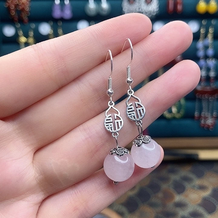 石英质玉耳钉银S925镶嵌