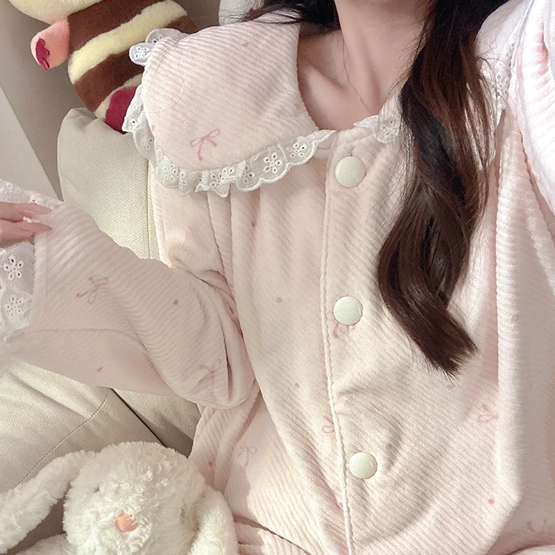 甜美粉系蝴蝶结睡衣少女秋冬季长袖韩版加厚澳毛绒家居服保暖套装