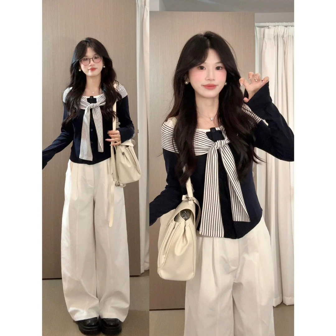 韩系穿搭假两件条纹披肩长袖t恤女秋季学院风时尚正肩打底衫上衣