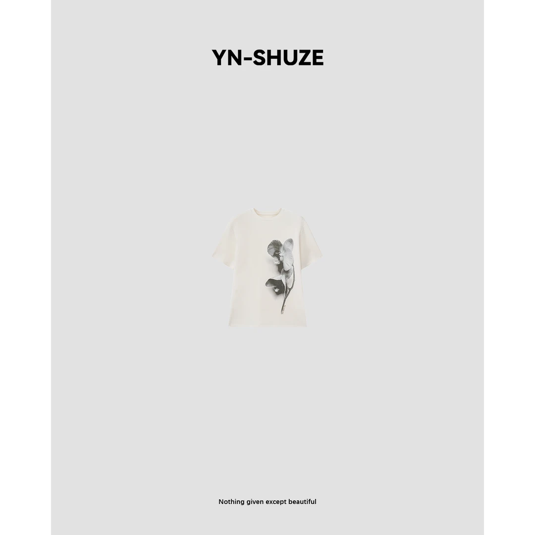 YN-SHUZE【春日印象】白色水墨花朵短袖休闲宽松T恤SZ-YNC-2471117