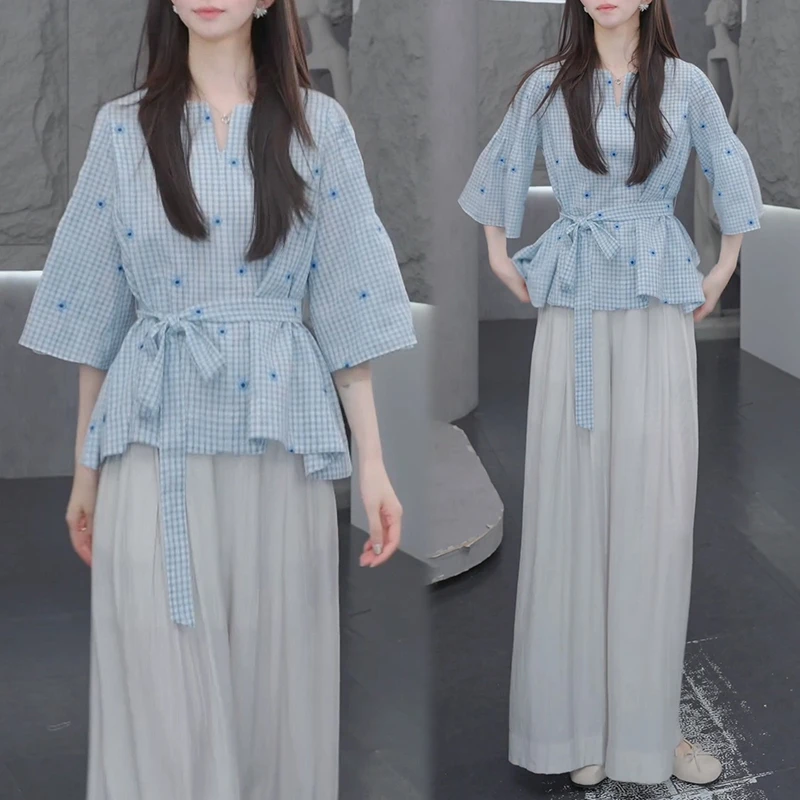 韩系甜美减龄套装女夏季新收腰显瘦碎花短袖衬衫休闲阔腿裤两件套