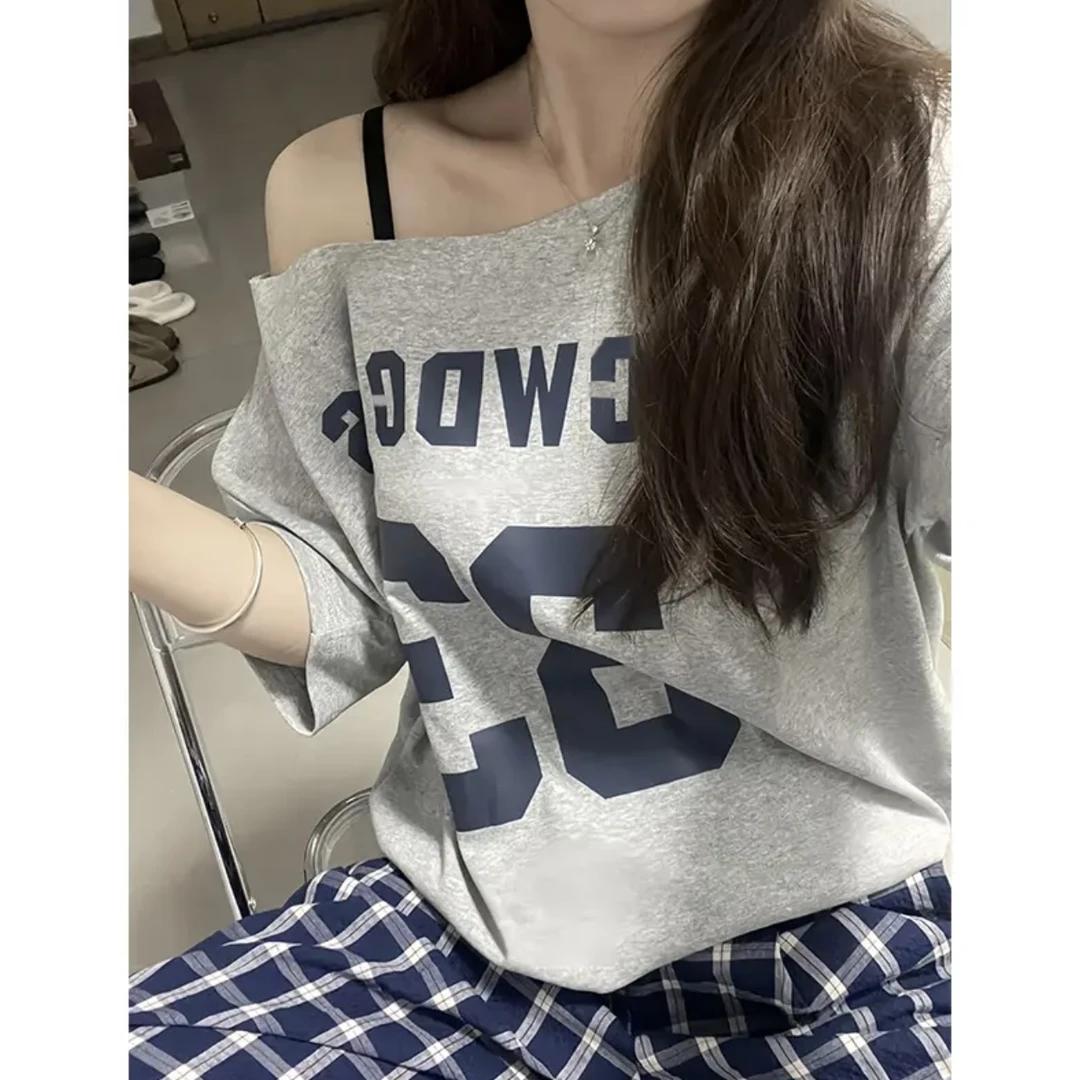 【慵懒夏日】韩系ins斜肩短袖辣妹t恤宽松一字露肩设计感小众上衣女