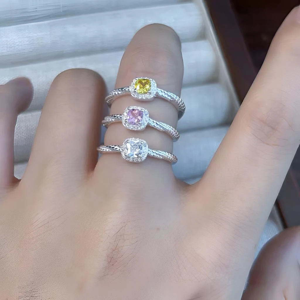 足银合成锆石戒指 【方糖戒指】足银990纯银开口戒方钻精致时尚闺蜜