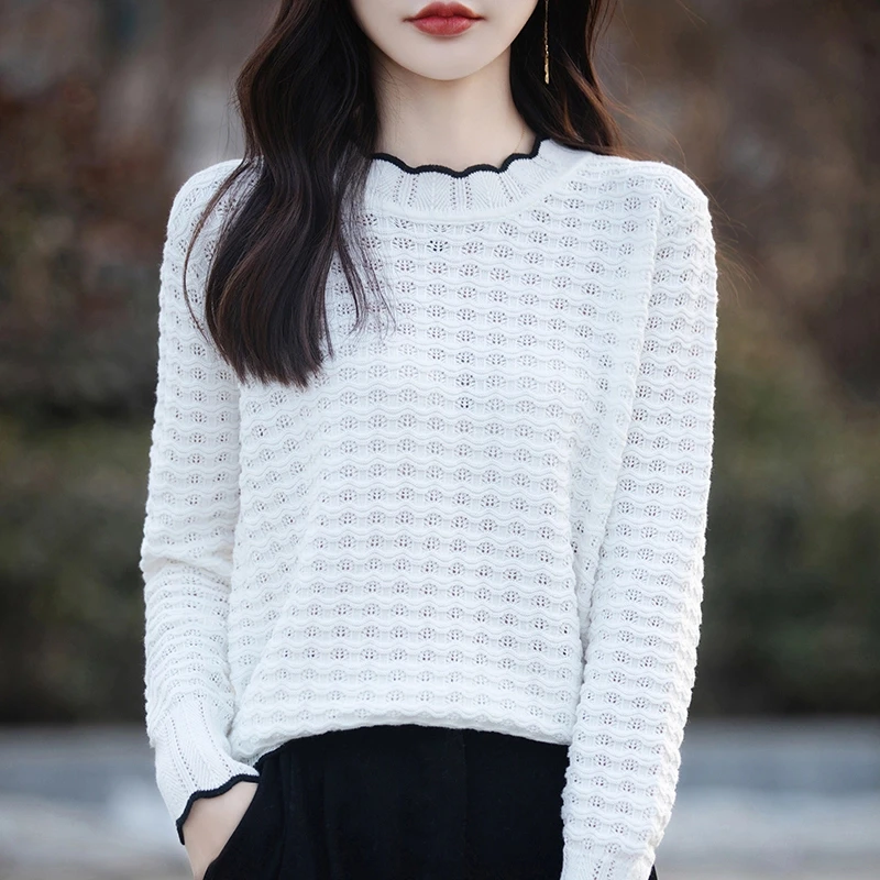 哥弟阿玛施正品秋冬新款纯棉花边领镂空长袖针织衫宽松百搭上衣女