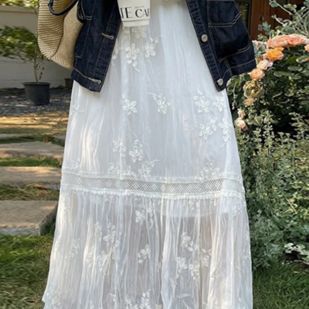 白色半身裙女2025春夏新款蕾丝拼接钩花a字裙高腰显瘦超仙长裙子