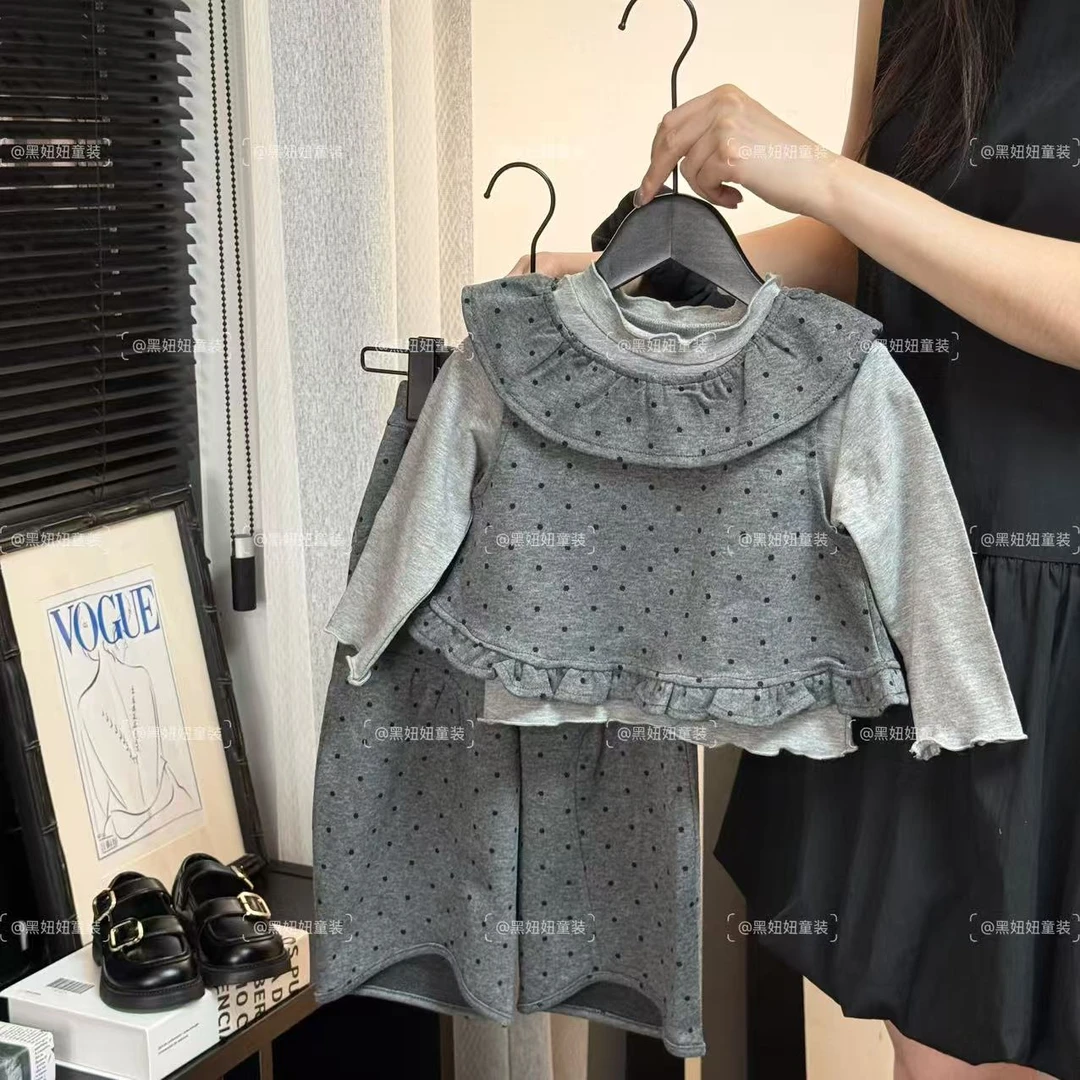 【黑妞妞】女童韩版套装2025新款春秋季花边波点阔腿裤三件套WZ6182