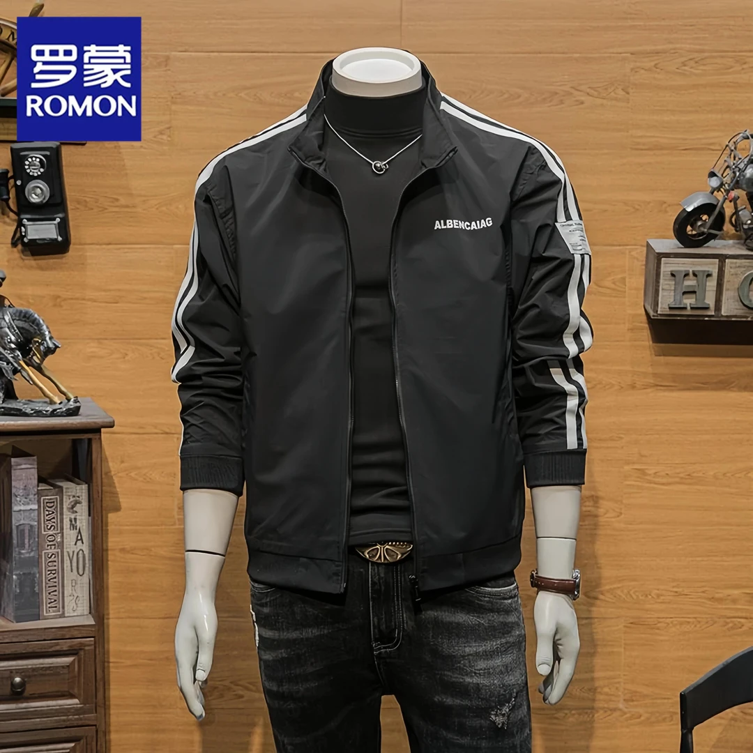 Romon/罗蒙立领条纹夹克春秋男士外套2025新款潮流修身休闲上衣服