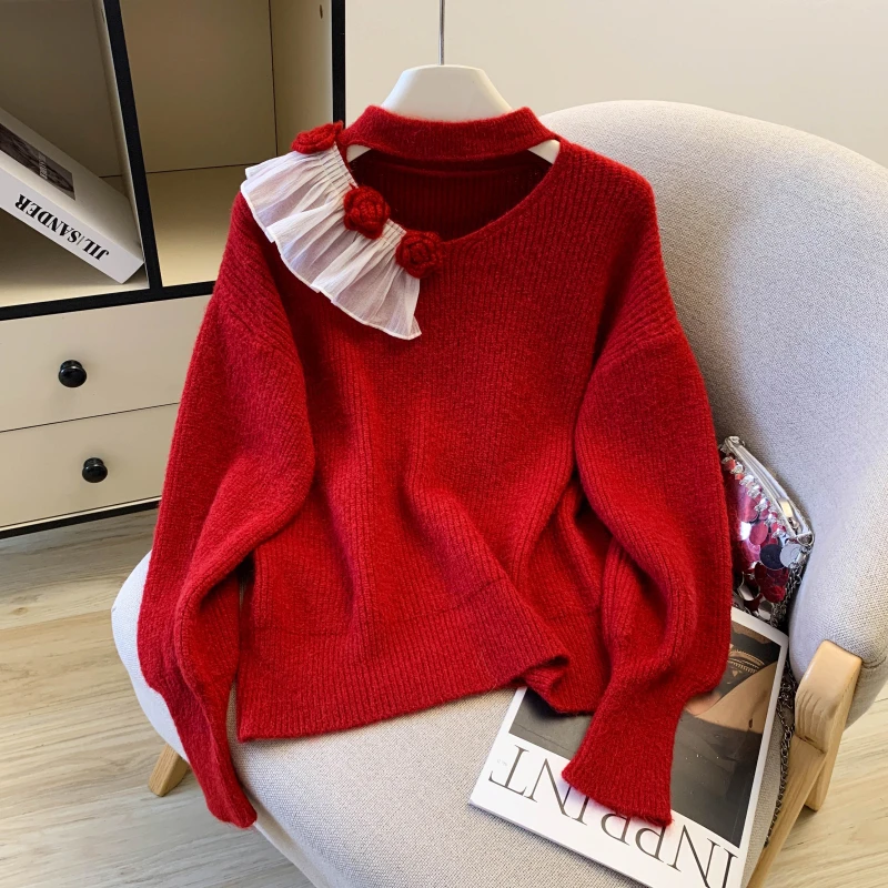 法式立体花朵拼接镂空挂脖毛衣女春秋季慵懒宽松蝙蝠袖针织衫上衣