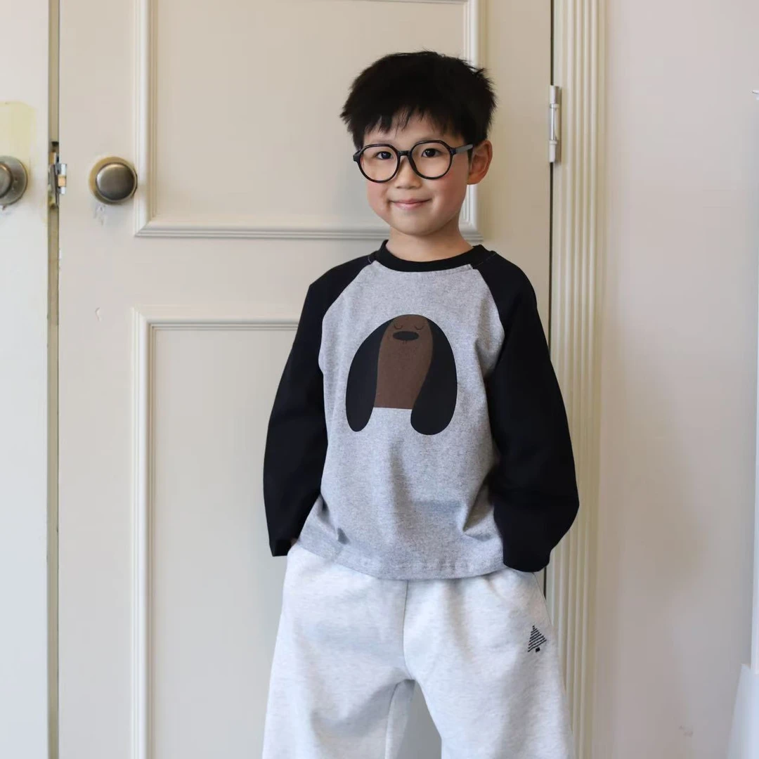 小韩果豆男女中小童儿童韩版长袖小狗T恤休闲插肩袖春季