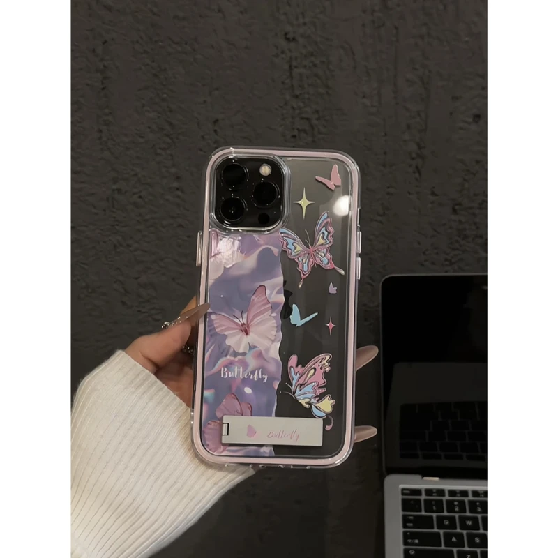 水波纹蝴蝶适用苹果16promax手机壳iPhone15三合一炫彩可爱华为女