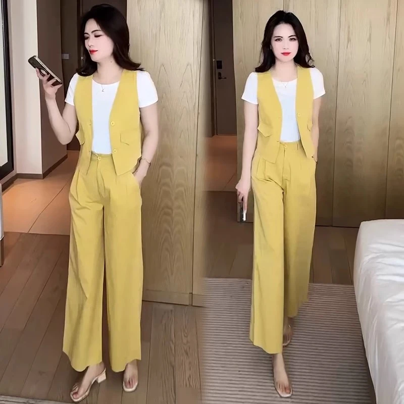 时尚套装女2025夏季新款时髦洋气短袖T恤马甲阔腿裤气质三件套潮